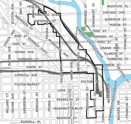 River West TIF district map, roughly bounded on the north by Chicago Avenue, Madison Street on the south, the Union Pacific Railroad tracks and Canal Street on the east, and Carpenter Street on the west.